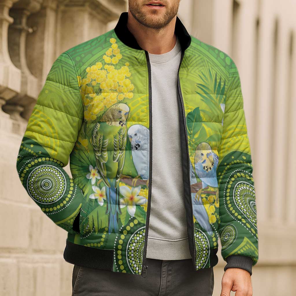Personalised Budgerigar Australia and Golden Wattle Bomber Puffer Jacket Budgie Aboriginal Art - Aussie Hoodie