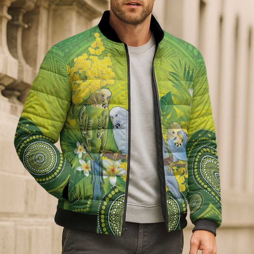 Personalised Budgerigar Australia and Golden Wattle Bomber Puffer Jacket Budgie Aboriginal Art - Aussie Hoodie