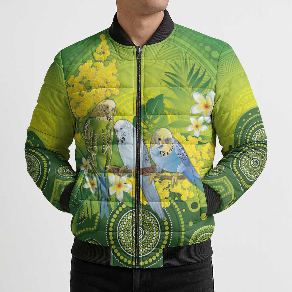 Personalised Budgerigar Australia and Golden Wattle Bomber Puffer Jacket Budgie Aboriginal Art - Aussie Hoodie