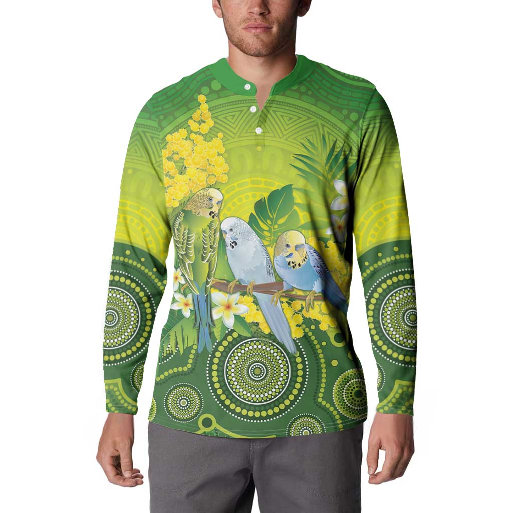Personalised Budgerigar Australia and Golden Wattle Button Sweatshirt Budgie Aboriginal Art