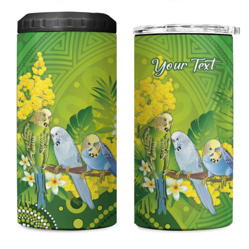 Personalised Budgerigar Australia and Golden Wattle 4 in 1 Can Cooler Tumbler Budgie Aboriginal Art
