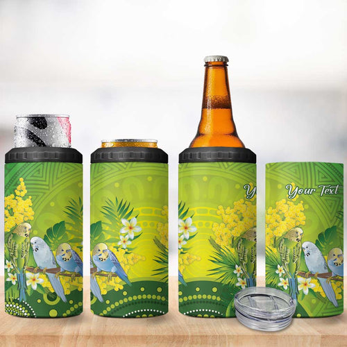Personalised Budgerigar Australia and Golden Wattle 4 in 1 Can Cooler Tumbler Budgie Aboriginal Art