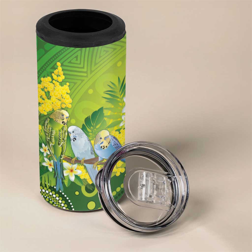 Personalised Budgerigar Australia and Golden Wattle 4 in 1 Can Cooler Tumbler Budgie Aboriginal Art