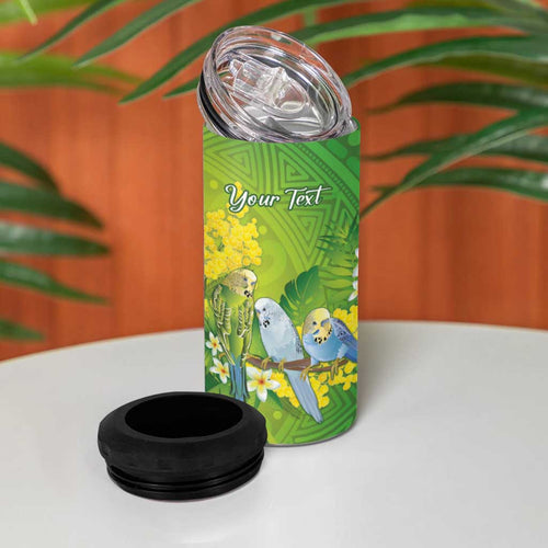 Personalised Budgerigar Australia and Golden Wattle 4 in 1 Can Cooler Tumbler Budgie Aboriginal Art