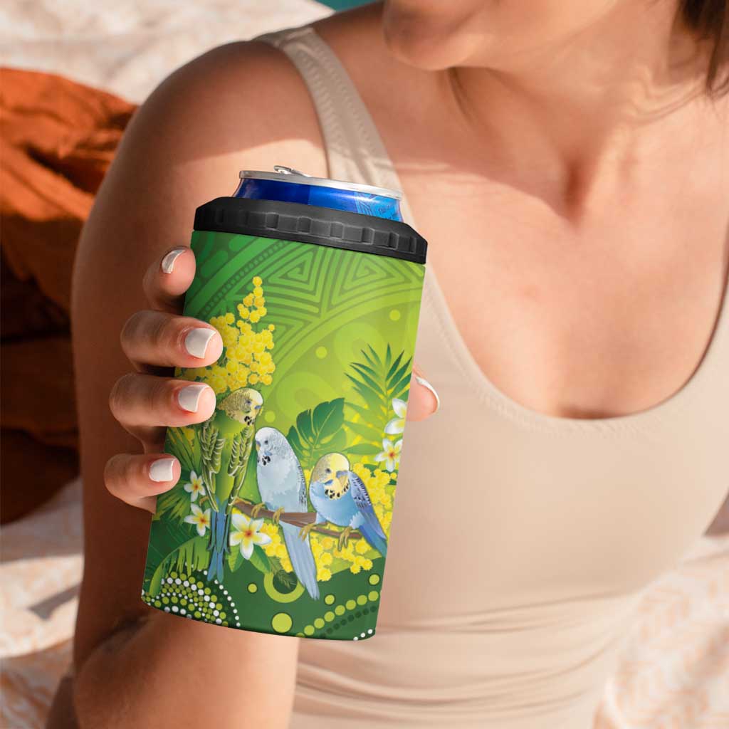 Personalised Budgerigar Australia and Golden Wattle 4 in 1 Can Cooler Tumbler Budgie Aboriginal Art