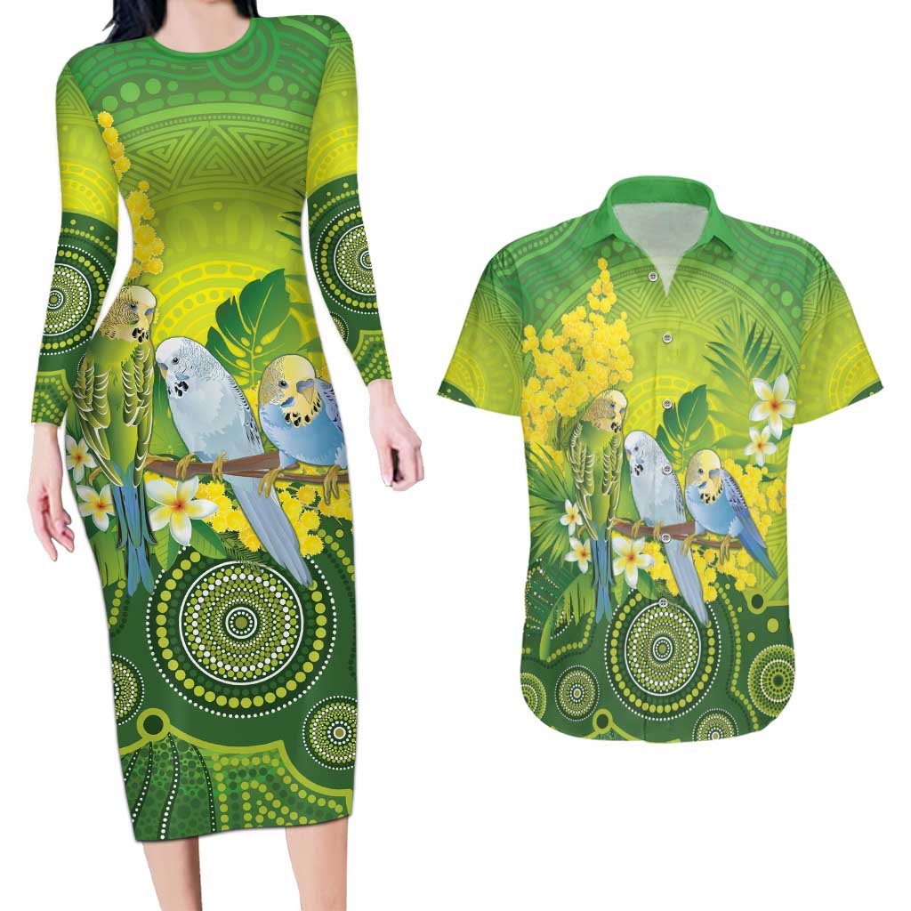 Personalised Budgerigar Australia and Golden Wattle Couples Matching Long Sleeve Bodycon Dress and Hawaiian Shirt Budgie Aboriginal Art