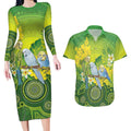 Personalised Budgerigar Australia and Golden Wattle Couples Matching Long Sleeve Bodycon Dress and Hawaiian Shirt Budgie Aboriginal Art