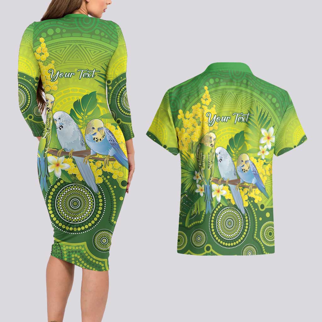 Personalised Budgerigar Australia and Golden Wattle Couples Matching Long Sleeve Bodycon Dress and Hawaiian Shirt Budgie Aboriginal Art
