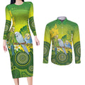 Personalised Budgerigar Australia and Golden Wattle Couples Matching Long Sleeve Bodycon Dress and Long Sleeve Button Shirt Budgie Aboriginal Art