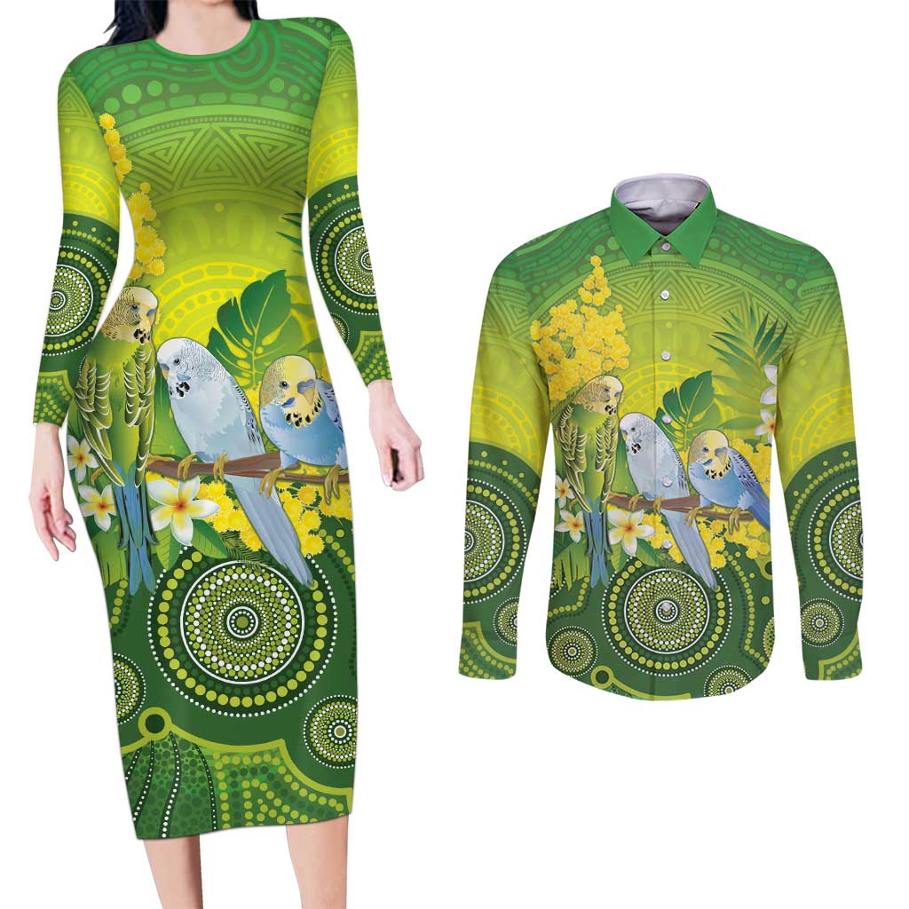 Personalised Budgerigar Australia and Golden Wattle Couples Matching Long Sleeve Bodycon Dress and Long Sleeve Button Shirt Budgie Aboriginal Art