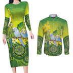 Personalised Budgerigar Australia and Golden Wattle Couples Matching Long Sleeve Bodycon Dress and Long Sleeve Button Shirt Budgie Aboriginal Art
