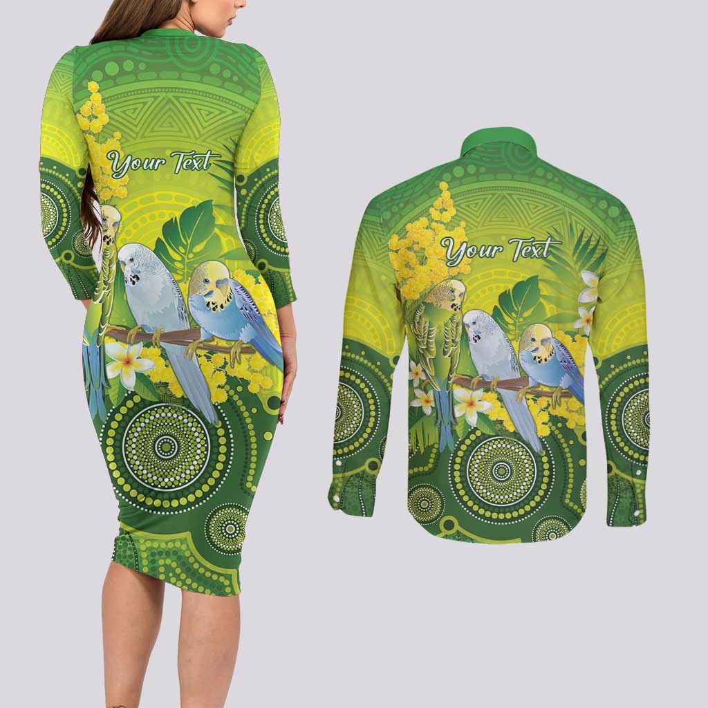 Personalised Budgerigar Australia and Golden Wattle Couples Matching Long Sleeve Bodycon Dress and Long Sleeve Button Shirt Budgie Aboriginal Art