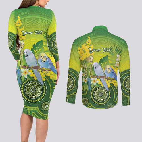 Personalised Budgerigar Australia and Golden Wattle Couples Matching Long Sleeve Bodycon Dress and Long Sleeve Button Shirt Budgie Aboriginal Art