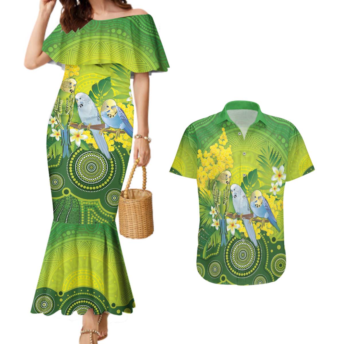 Personalised Budgerigar Australia and Golden Wattle Couples Matching Mermaid Dress and Hawaiian Shirt Budgie Aboriginal Art