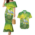 Personalised Budgerigar Australia and Golden Wattle Couples Matching Mermaid Dress and Hawaiian Shirt Budgie Aboriginal Art