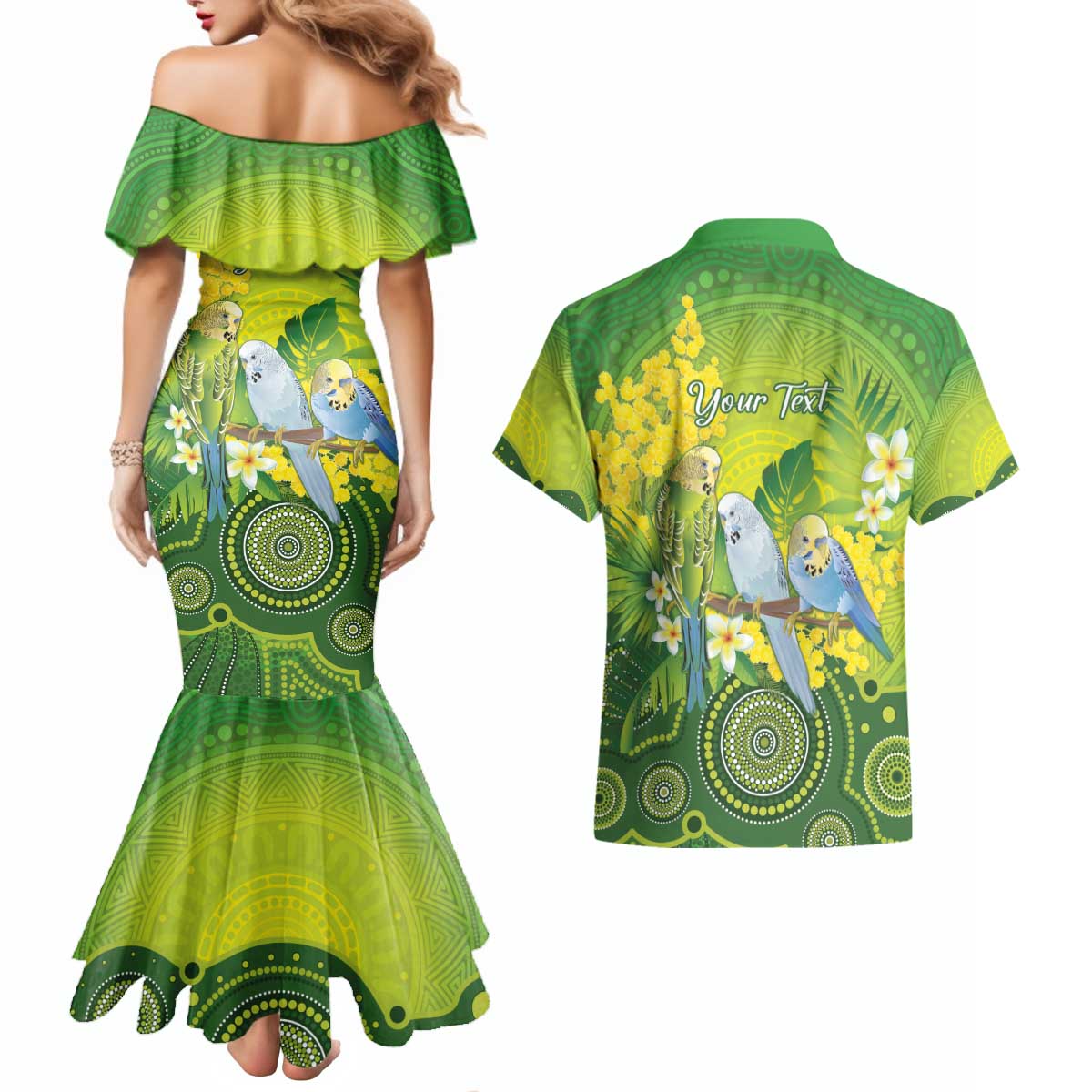 Personalised Budgerigar Australia and Golden Wattle Couples Matching Mermaid Dress and Hawaiian Shirt Budgie Aboriginal Art