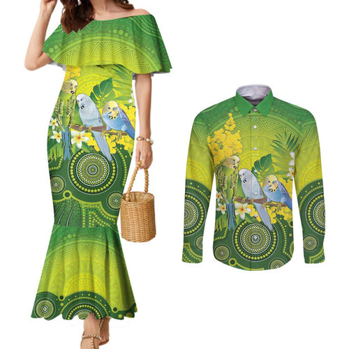 Personalised Budgerigar Australia and Golden Wattle Couples Matching Mermaid Dress and Long Sleeve Button Shirt Budgie Aboriginal Art
