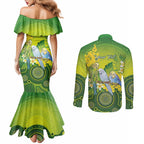 Personalised Budgerigar Australia and Golden Wattle Couples Matching Mermaid Dress and Long Sleeve Button Shirt Budgie Aboriginal Art