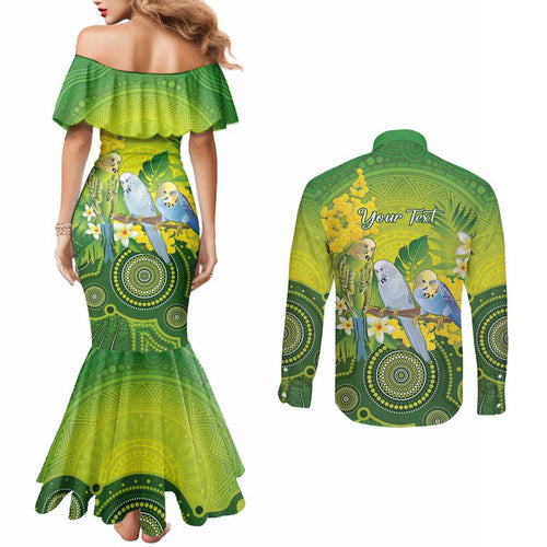 Personalised Budgerigar Australia and Golden Wattle Couples Matching Mermaid Dress and Long Sleeve Button Shirt Budgie Aboriginal Art