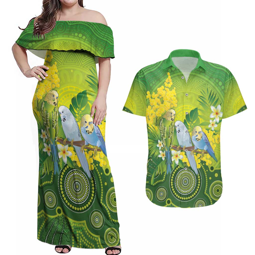 Personalised Budgerigar Australia and Golden Wattle Couples Matching Off Shoulder Maxi Dress and Hawaiian Shirt Budgie Aboriginal Art