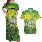 Personalised Budgerigar Australia and Golden Wattle Couples Matching Off Shoulder Maxi Dress and Hawaiian Shirt Budgie Aboriginal Art