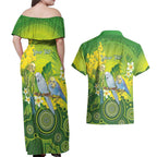 Personalised Budgerigar Australia and Golden Wattle Couples Matching Off Shoulder Maxi Dress and Hawaiian Shirt Budgie Aboriginal Art