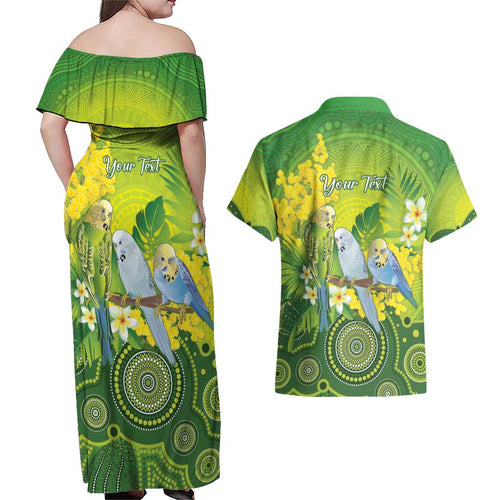 Personalised Budgerigar Australia and Golden Wattle Couples Matching Off Shoulder Maxi Dress and Hawaiian Shirt Budgie Aboriginal Art