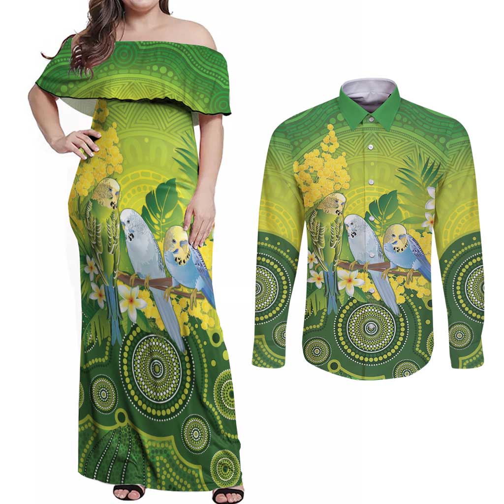 Personalised Budgerigar Australia and Golden Wattle Couples Matching Off Shoulder Maxi Dress and Long Sleeve Button Shirt Budgie Aboriginal Art