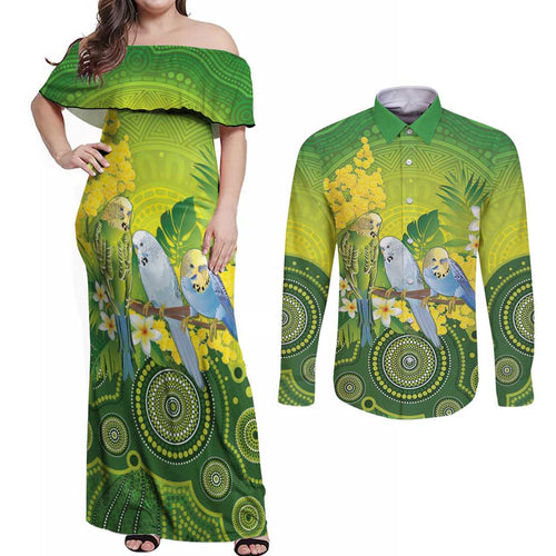 Personalised Budgerigar Australia and Golden Wattle Couples Matching Off Shoulder Maxi Dress and Long Sleeve Button Shirt Budgie Aboriginal Art