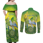 Personalised Budgerigar Australia and Golden Wattle Couples Matching Off Shoulder Maxi Dress and Long Sleeve Button Shirt Budgie Aboriginal Art