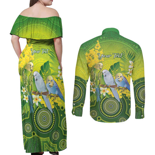 Personalised Budgerigar Australia and Golden Wattle Couples Matching Off Shoulder Maxi Dress and Long Sleeve Button Shirt Budgie Aboriginal Art