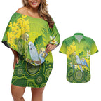 Personalised Budgerigar Australia and Golden Wattle Couples Matching Off Shoulder Short Dress and Hawaiian Shirt Budgie Aboriginal Art