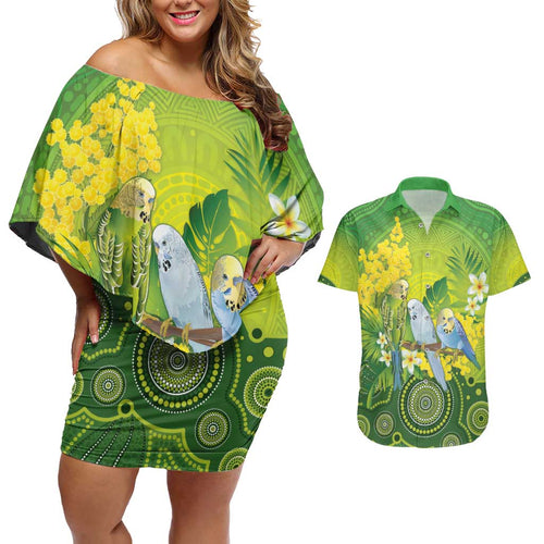 Personalised Budgerigar Australia and Golden Wattle Couples Matching Off Shoulder Short Dress and Hawaiian Shirt Budgie Aboriginal Art