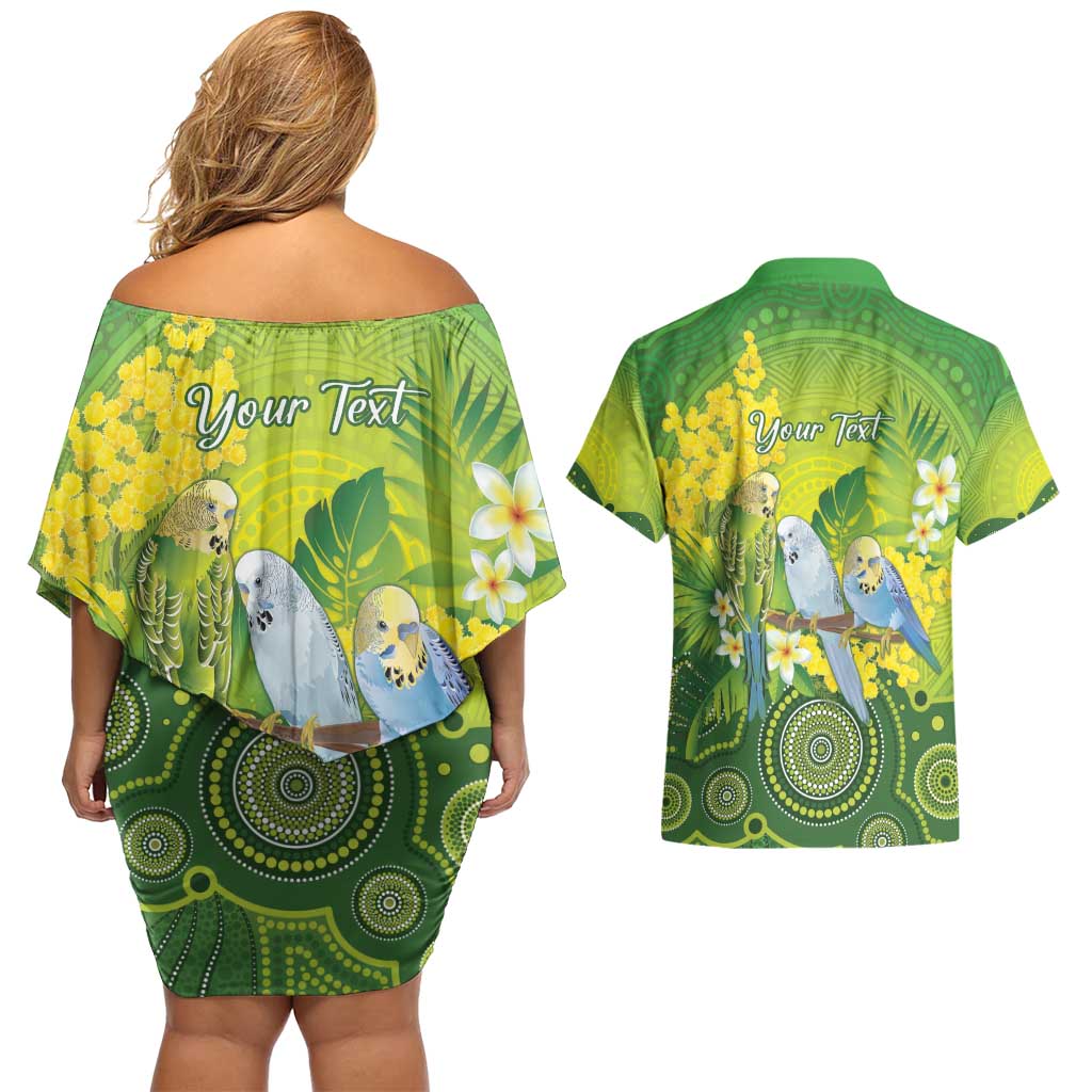 Personalised Budgerigar Australia and Golden Wattle Couples Matching Off Shoulder Short Dress and Hawaiian Shirt Budgie Aboriginal Art