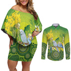 Personalised Budgerigar Australia and Golden Wattle Couples Matching Off Shoulder Short Dress and Long Sleeve Button Shirt Budgie Aboriginal Art