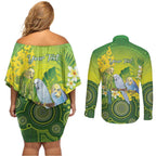 Personalised Budgerigar Australia and Golden Wattle Couples Matching Off Shoulder Short Dress and Long Sleeve Button Shirt Budgie Aboriginal Art