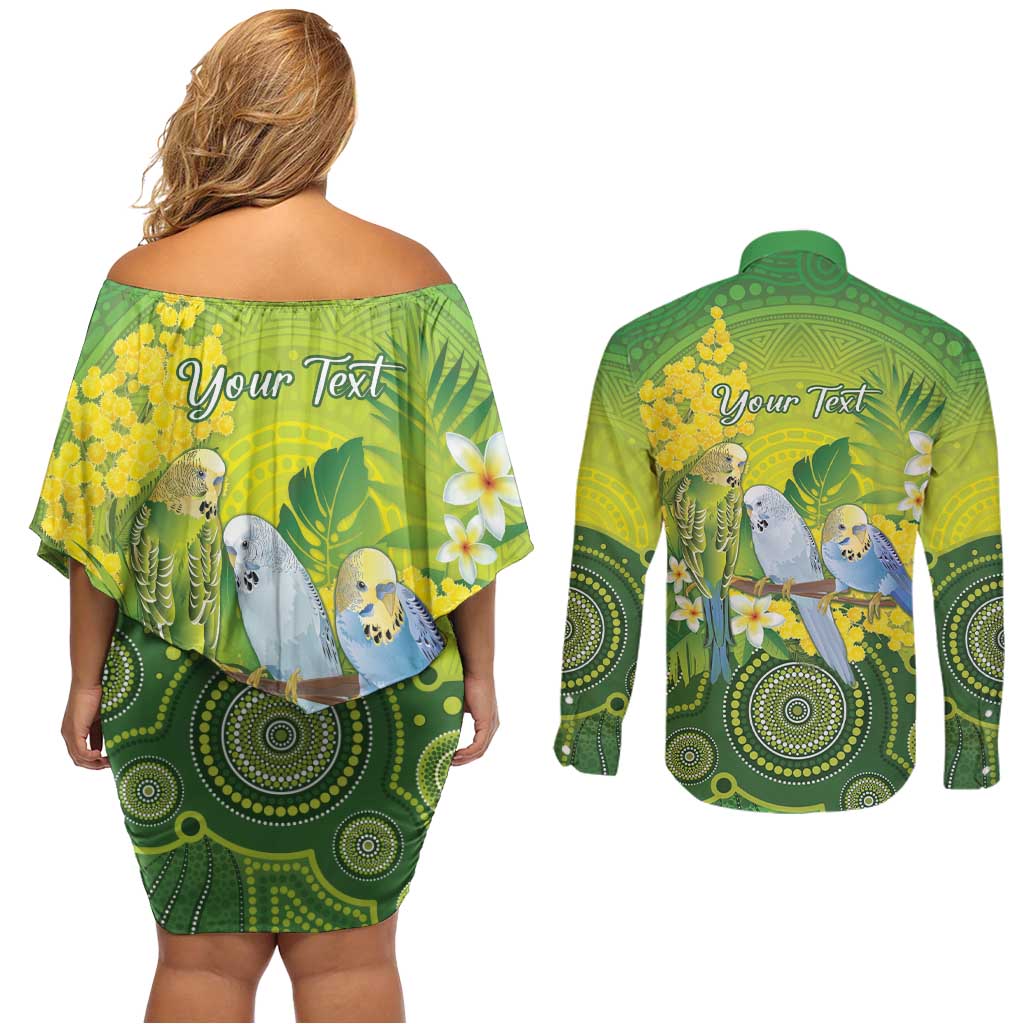 Personalised Budgerigar Australia and Golden Wattle Couples Matching Off Shoulder Short Dress and Long Sleeve Button Shirt Budgie Aboriginal Art