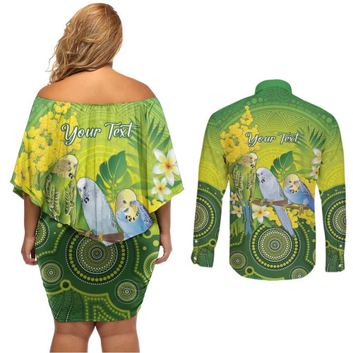 Personalised Budgerigar Australia and Golden Wattle Couples Matching Off Shoulder Short Dress and Long Sleeve Button Shirt Budgie Aboriginal Art