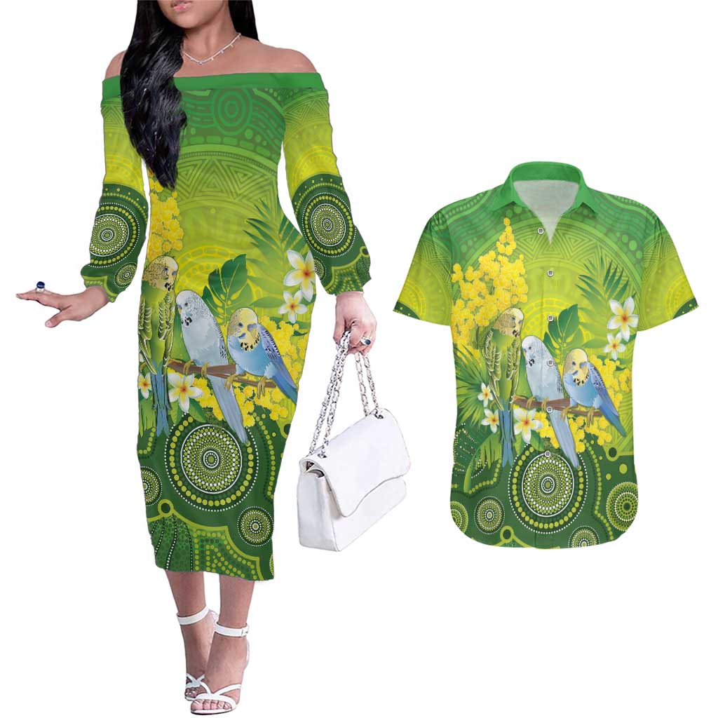 Personalised Budgerigar Australia and Golden Wattle Couples Matching Off The Shoulder Long Sleeve Dress and Hawaiian Shirt Budgie Aboriginal Art