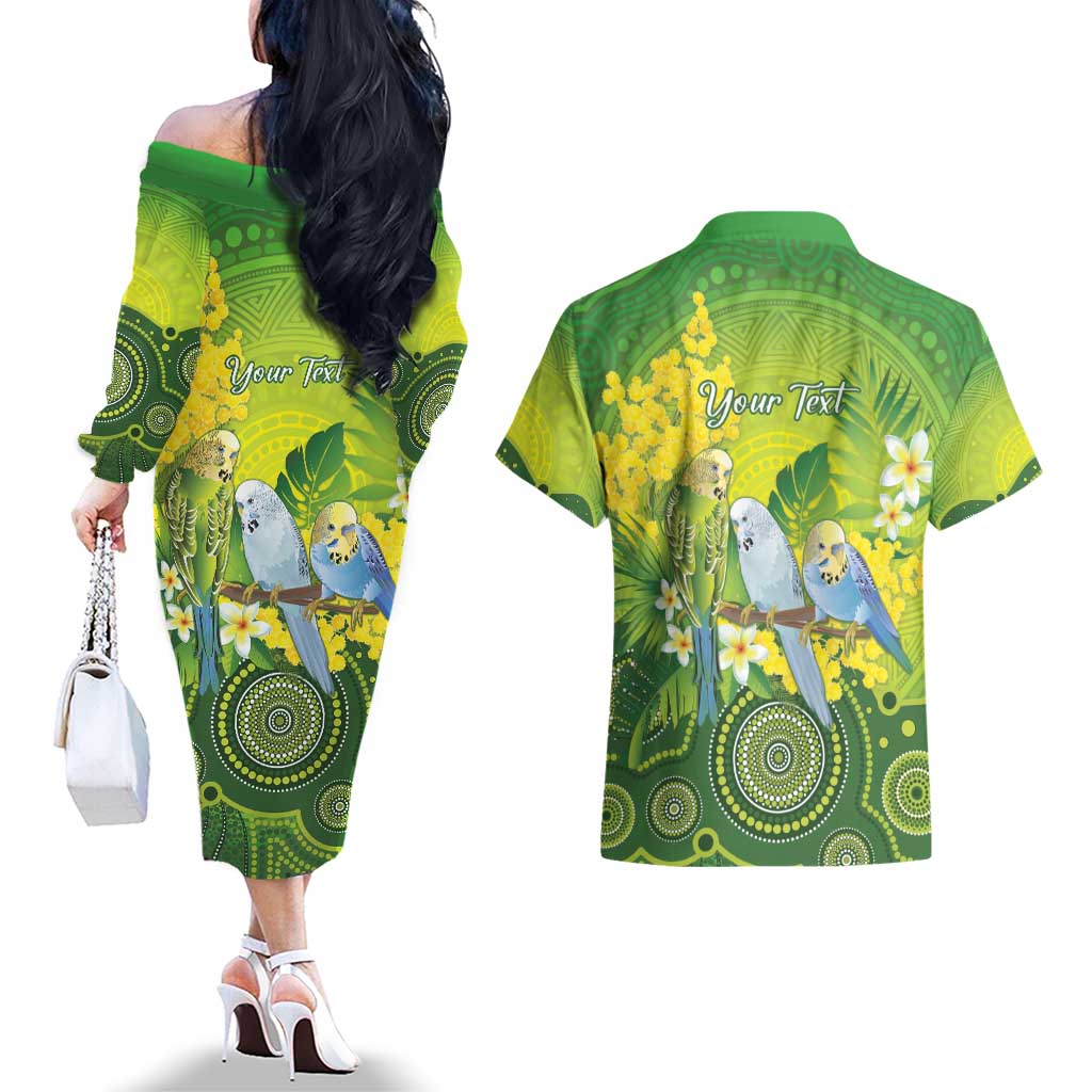 Personalised Budgerigar Australia and Golden Wattle Couples Matching Off The Shoulder Long Sleeve Dress and Hawaiian Shirt Budgie Aboriginal Art