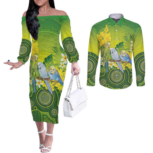 Personalised Budgerigar Australia and Golden Wattle Couples Matching Off The Shoulder Long Sleeve Dress and Long Sleeve Button Shirt Budgie Aboriginal Art