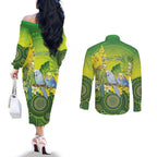 Personalised Budgerigar Australia and Golden Wattle Couples Matching Off The Shoulder Long Sleeve Dress and Long Sleeve Button Shirt Budgie Aboriginal Art