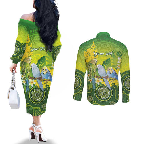 Personalised Budgerigar Australia and Golden Wattle Couples Matching Off The Shoulder Long Sleeve Dress and Long Sleeve Button Shirt Budgie Aboriginal Art