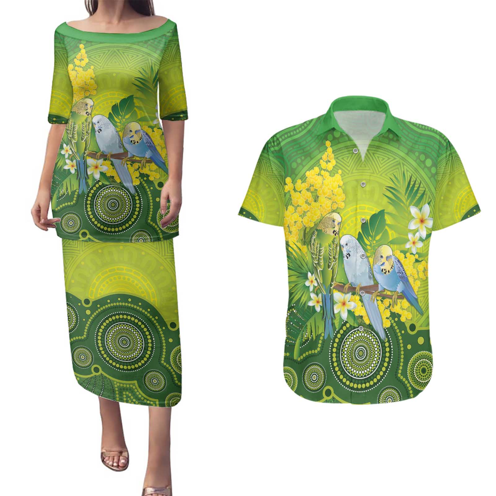 Personalised Budgerigar Australia and Golden Wattle Couples Matching Puletasi and Hawaiian Shirt Budgie Aboriginal Art