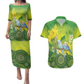 Personalised Budgerigar Australia and Golden Wattle Couples Matching Puletasi and Hawaiian Shirt Budgie Aboriginal Art