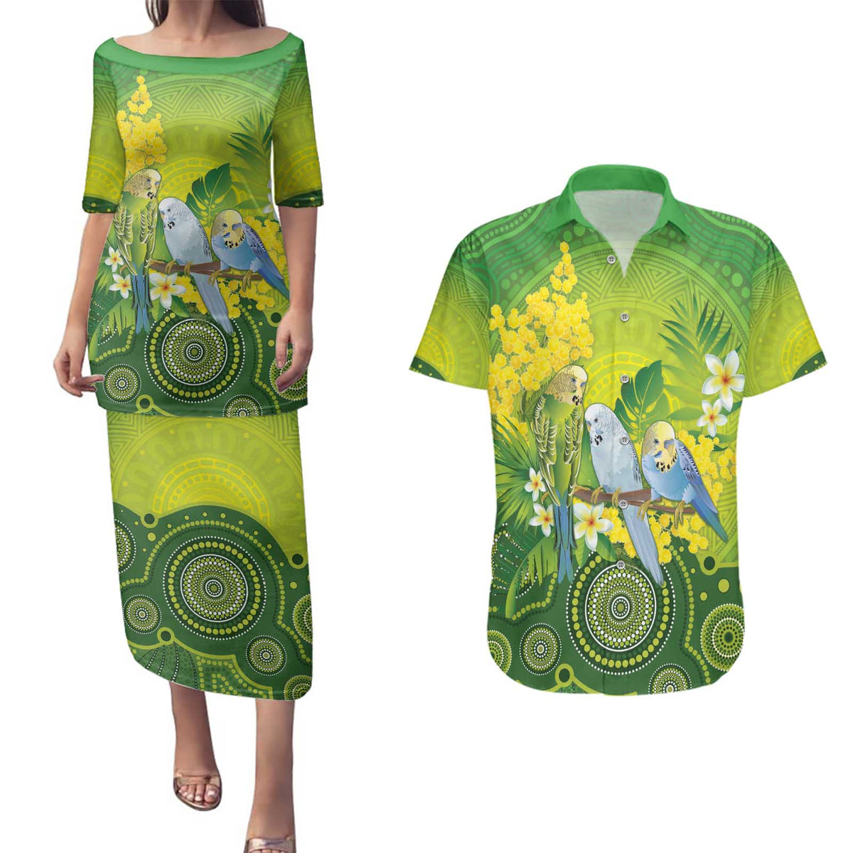 Personalised Budgerigar Australia and Golden Wattle Couples Matching Puletasi and Hawaiian Shirt Budgie Aboriginal Art