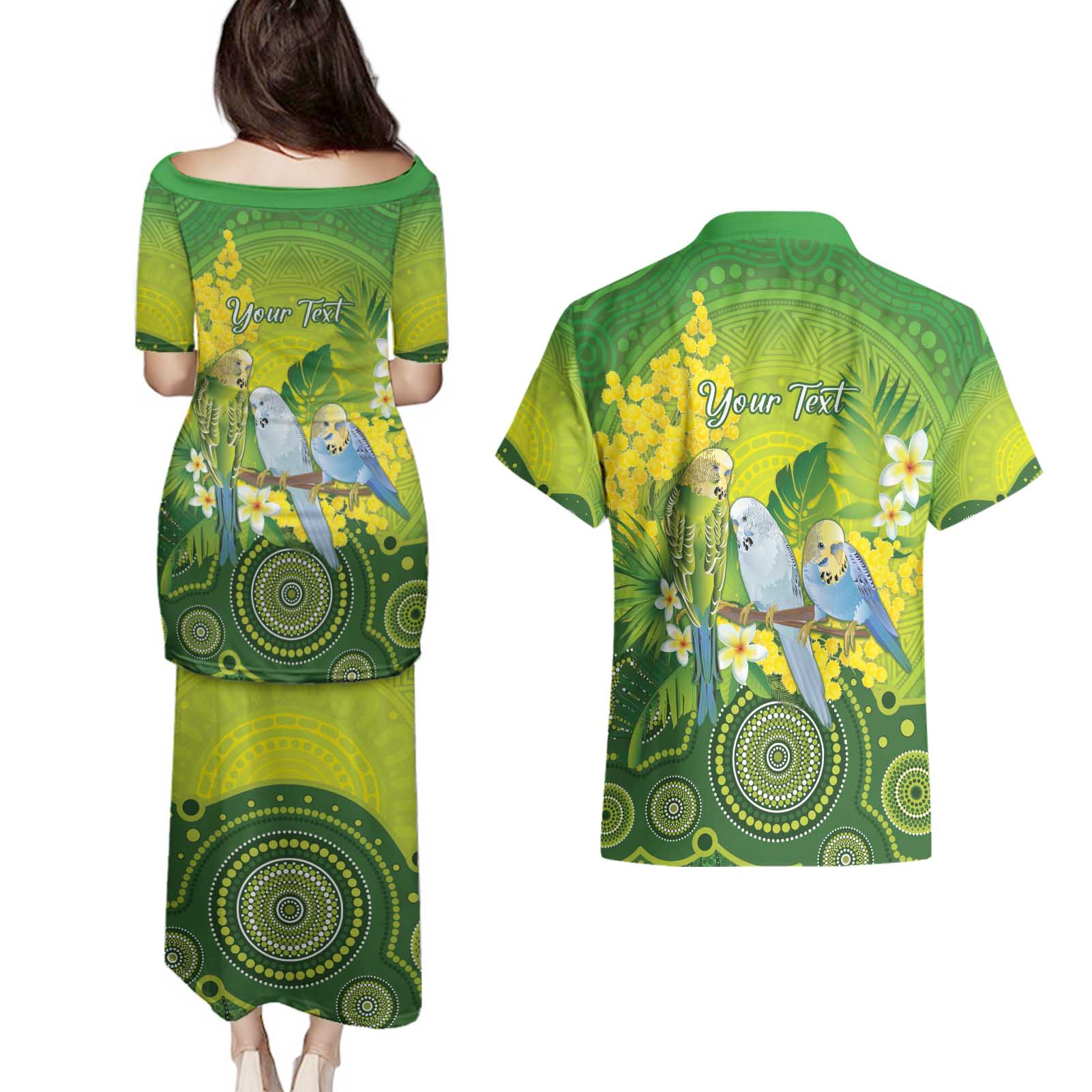 Personalised Budgerigar Australia and Golden Wattle Couples Matching Puletasi and Hawaiian Shirt Budgie Aboriginal Art