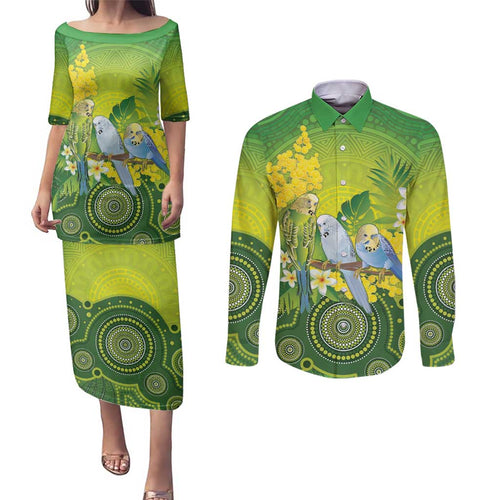 Personalised Budgerigar Australia and Golden Wattle Couples Matching Puletasi and Long Sleeve Button Shirt Budgie Aboriginal Art