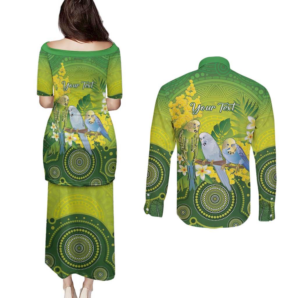 Personalised Budgerigar Australia and Golden Wattle Couples Matching Puletasi and Long Sleeve Button Shirt Budgie Aboriginal Art