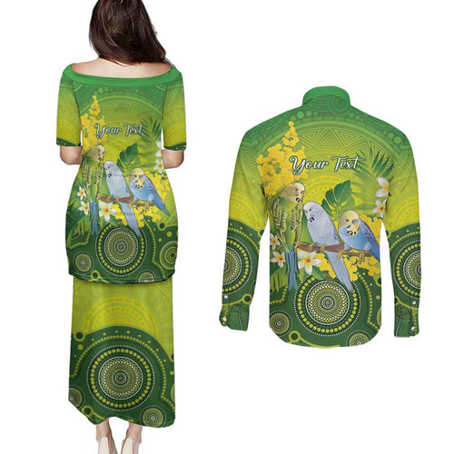 Personalised Budgerigar Australia and Golden Wattle Couples Matching Puletasi and Long Sleeve Button Shirt Budgie Aboriginal Art